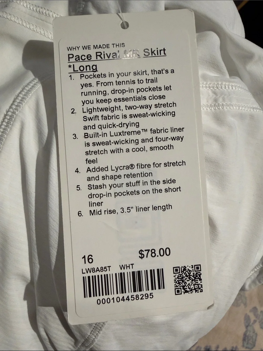 lululemon athletica Women’s White Pace Rival MR Skirt *Long